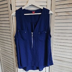 Guess Royal Blue V-Neck Blouse With Silver Zipper and Silver Pocket Studs.
